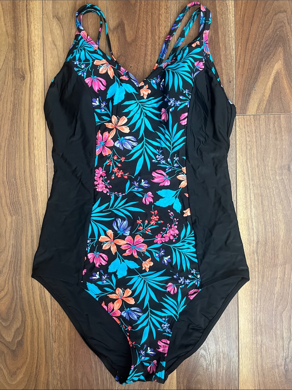 Black Floral V-Neck One-Piece Swimsuit - Women's Summer Swim adjustable